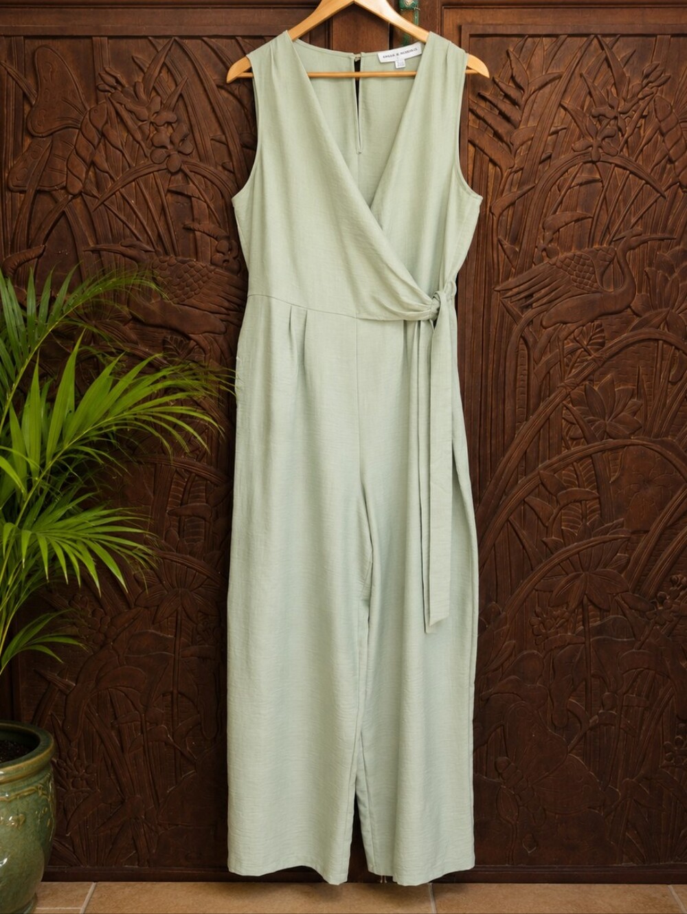 Sage Green Faux Wrap Wide Leg Palazzo Jumpsuit V-Neck Pockets Large Linen Look - Picture 2 of 14